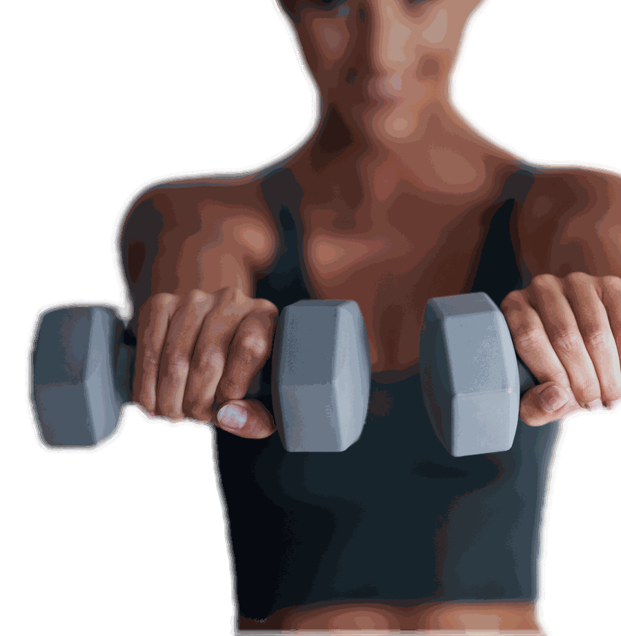 Woman holding two hand weights out in front of her
